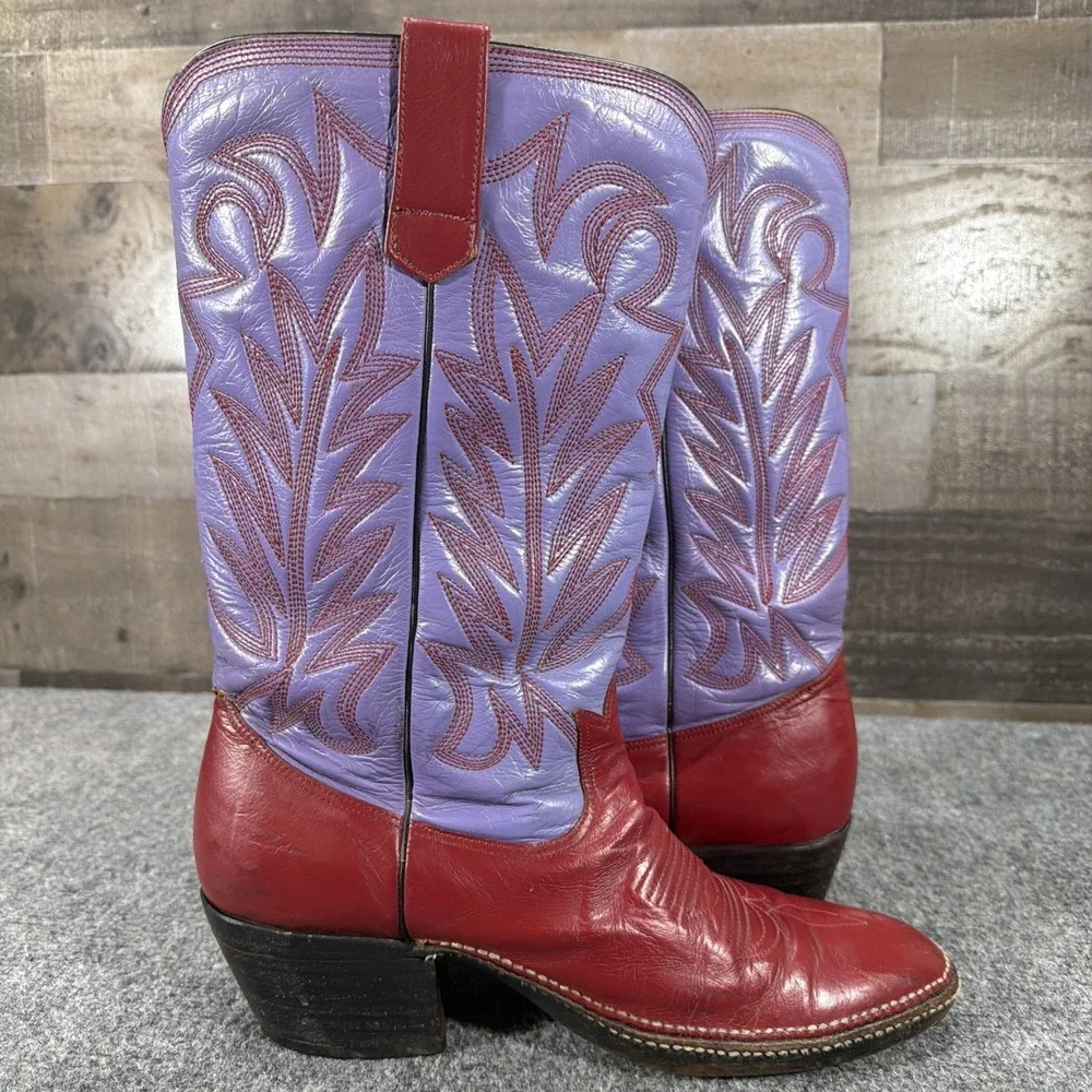 Vintage Botas Patros Leather Cowboy Boots Red Purple Stitch Western Cowgirl 10.5